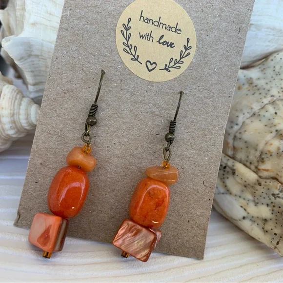 Drop Earrings Orange Tones Handcrafted Mixed Beads and Shell Materials Boho Chic - Picture 5 of 10